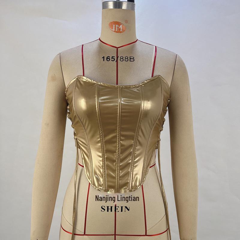 2024 Spring/Summer Metallic European & American Style Women's Strap Tube Top with Fishbone Waist - Sexy Hot Girl Vest