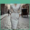 Work Womens Dress Professional Business Long Sleeve Church Teacher Pencil Sheath Dress V Neck Midi Bodycon Suit Dress With Belt