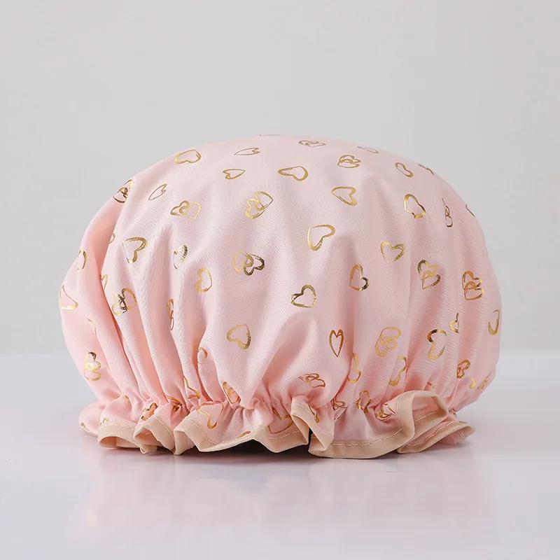 Double Shower Cap Waterproof Hair Cap Hot Gold Printed Terylene Cotton Shower Hat Bathing Comfortable Women Eco-Friendly