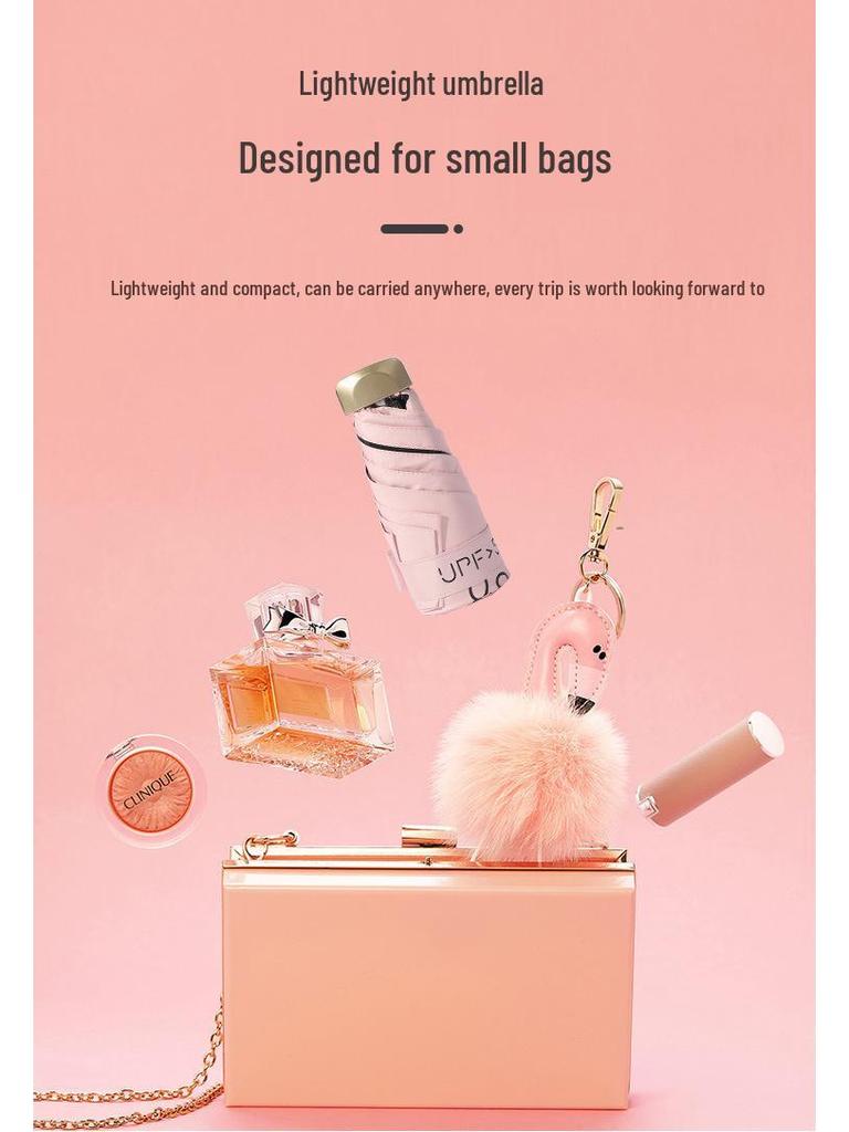 Compact Women's Five-Fold Sunshade Umbrella - Black Glue, UV Protection, for Sunny and Rainy Days, Customizable for Advertising