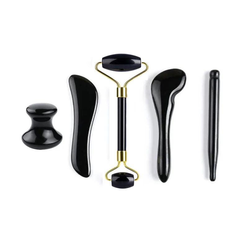 Natural Obsidian Gouache Scraper Board Set Jade Roller Massager Gua Sha Facial Lifting Acupuncture SPA Scraping Beauty Tools