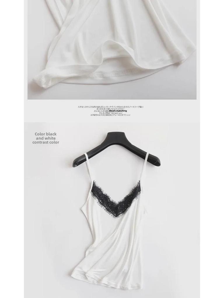 Топ с подтяжками из шелкового шелка Tangge Mulberry с V-образным вырезом и кружевом