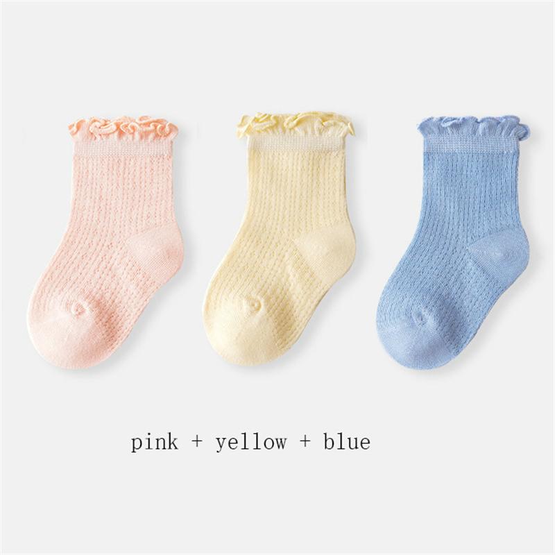 3 пары/лот Летние детские сетчатые тонкие носки однотонные мягкие хлопковые носки для новорожденных носки с рюшами для маленьких девочек милые дышащие носки