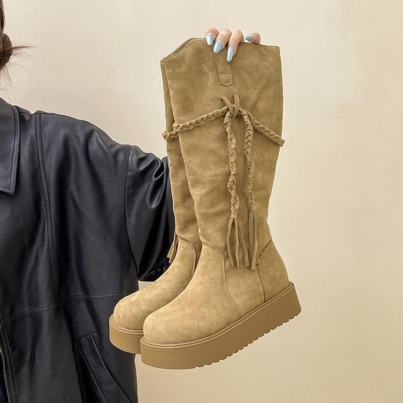 Design Sense Braid Tassel Boots Knight Boots Women's Autumn and Winter Retro Wasteland Wind But Knee Thin Pile Boots Tide
