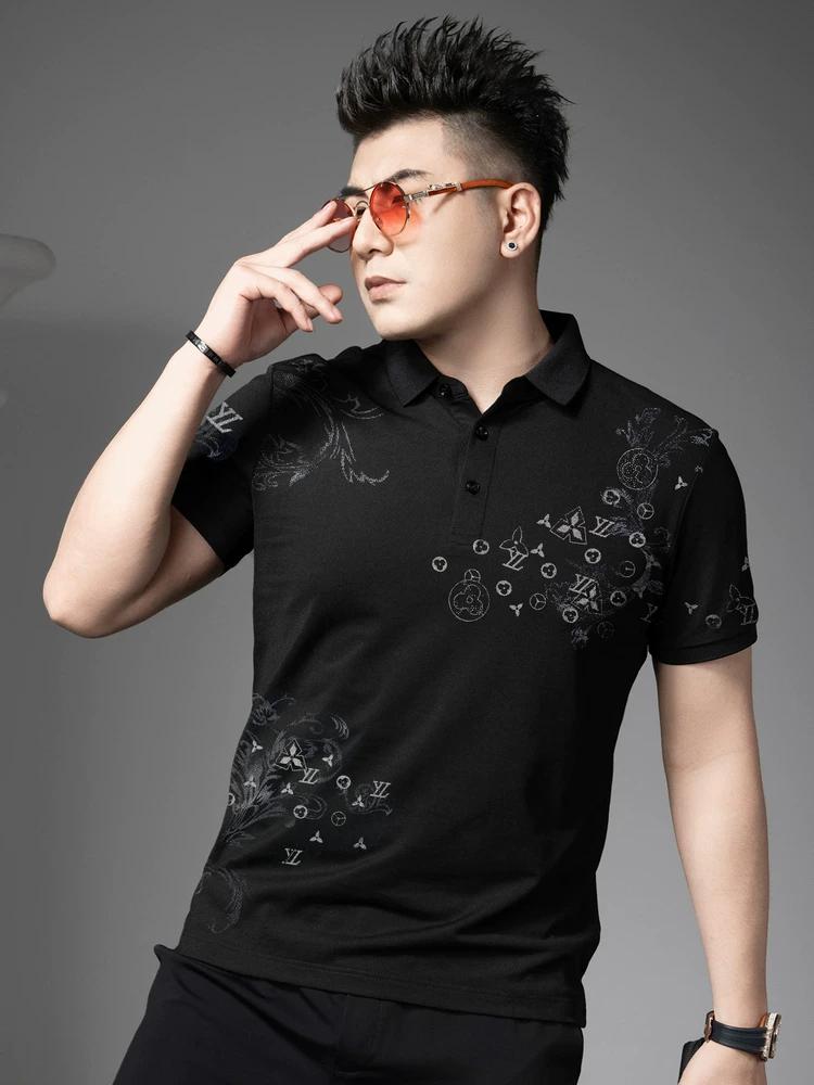 European High-End Printed Rhinestone Short-Sleeve Polo Shirt for Men, 2025 New Summer Casual Turn-Down Collar Half-Sleeve T-Shirt