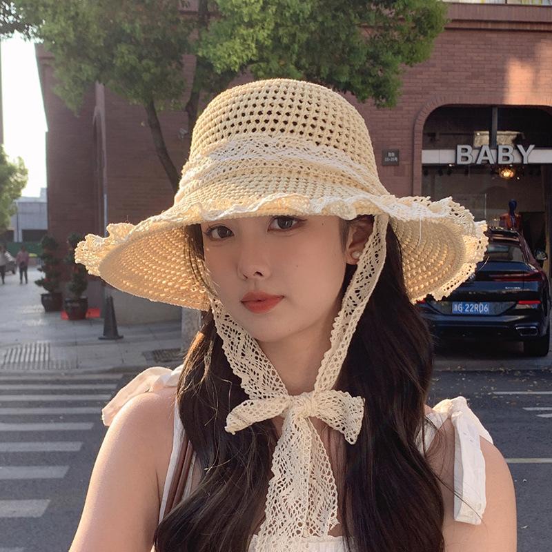 Seaside Beach Hat Lace Straw Hat Children Summer Visor Breathable Sunscreen Bucket Hat Vacation Style Straw Hat