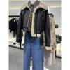 Winter Women's Street Wear Sheepskin Fur Bomber Jacket with Belt Motorcycle Thick Warm Sheepskin Overcoat Jacket