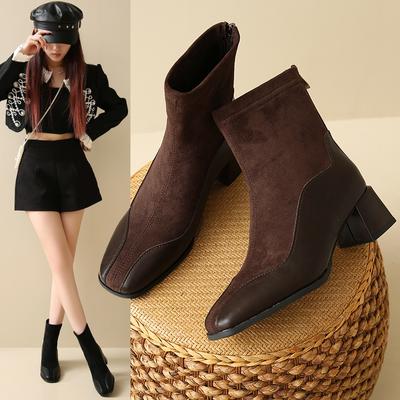 Мода 2024 года, новые квадратные носки, однотонные женские ботинки, трендовые короткие уличные ботинки-трубы, квадратный каблук, застежка-молния, высокие каблуки, короткая плюшевая подкладка