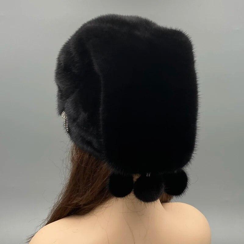 Шапка из натурального меха норки для женщин, зимние теплые шапки с шариками, роскошная черная рождественская шапка, регулируемый размер головы 55-62 см