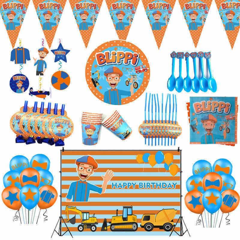 Blippi Birthday Party Supplies Paper Cups Plates Banner Straw Kids Balloon Decor