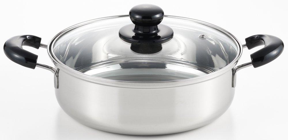 Yoshikawa Shallow Glass Stainless Flame CookLook II Made in Japan SJ2186 Double-Handled Pot, 24cm, 3.5L, Lid, Steel, IH/Direct Compatible, Series,