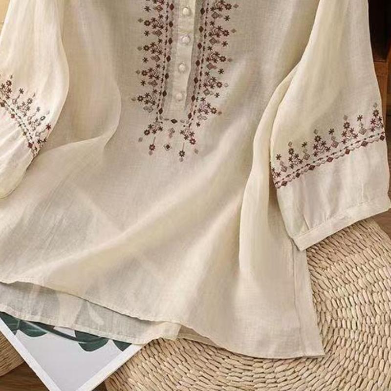Рубашка в стиле ретро, женская, рукава пять четвертей, весна-лето, новая блузка, свободный верх, вышитая рубашка