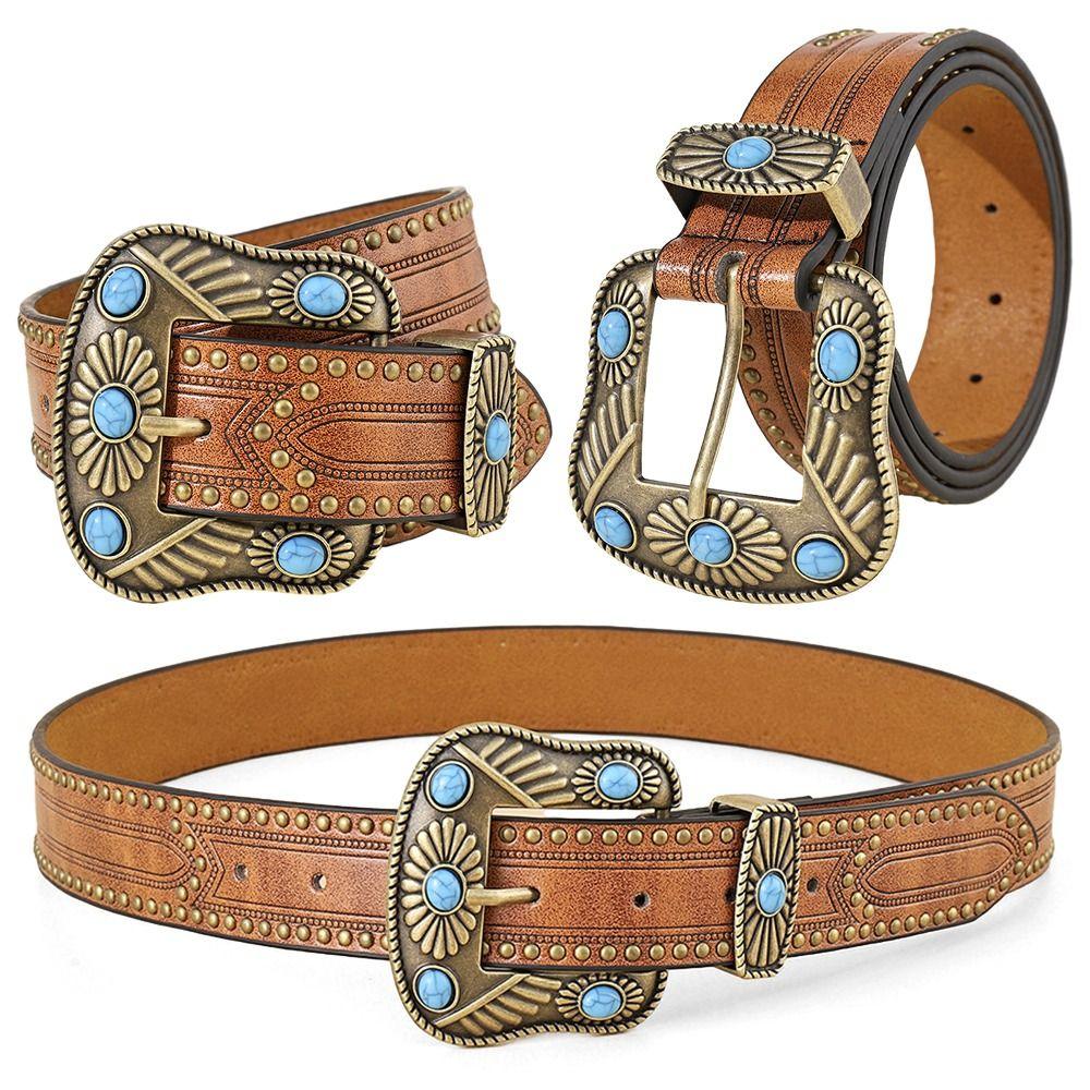 PU Leather Floral Engraved Leather Belt Cowgirl Cowboy Country Belts  for Jeans Pant
