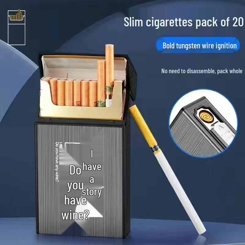 Slim 20-Piece Cigarette Case with Rechargeable Lighter - Moisture-Proof, Pressure-Resistant Flip-Top Design.