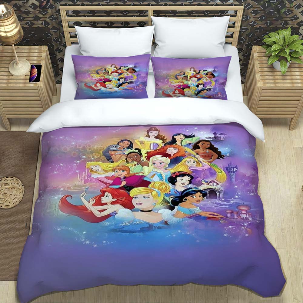 Princess series duvet cover set, 3D children's bedding three-piece set, includes 1 duvet cover and 2 pillowcases, extra large si