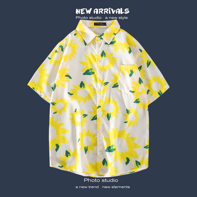 Retro Floral Shirt Blouse for Man Hawaiian Short-sleeved Floral Shirt Men's Loose Trend Couple All-match Five-point Sleeves