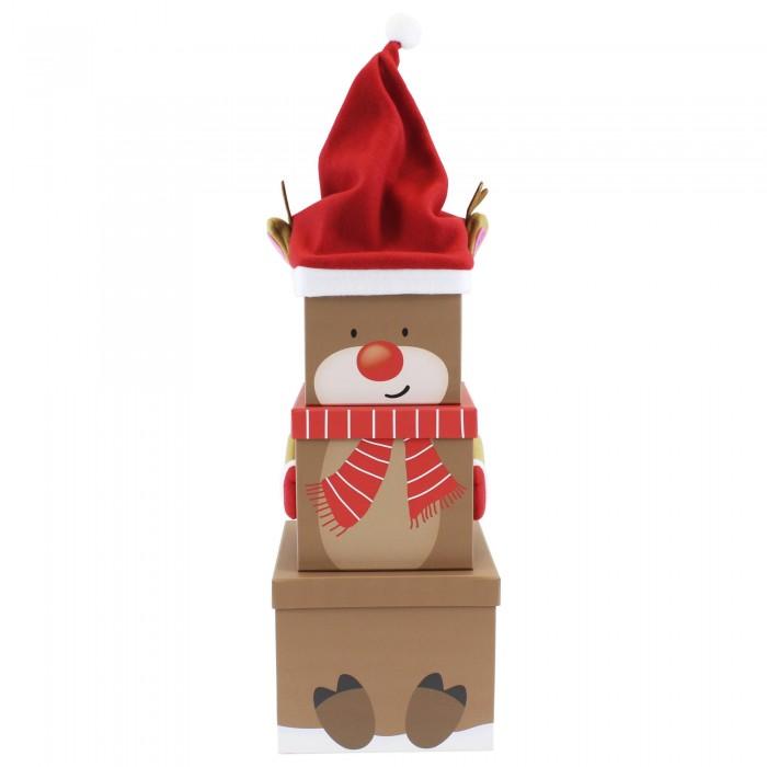 Eurowrap Рождественские подарочные коробки с плюшевыми оленями (Упаковка из 3 шт.)