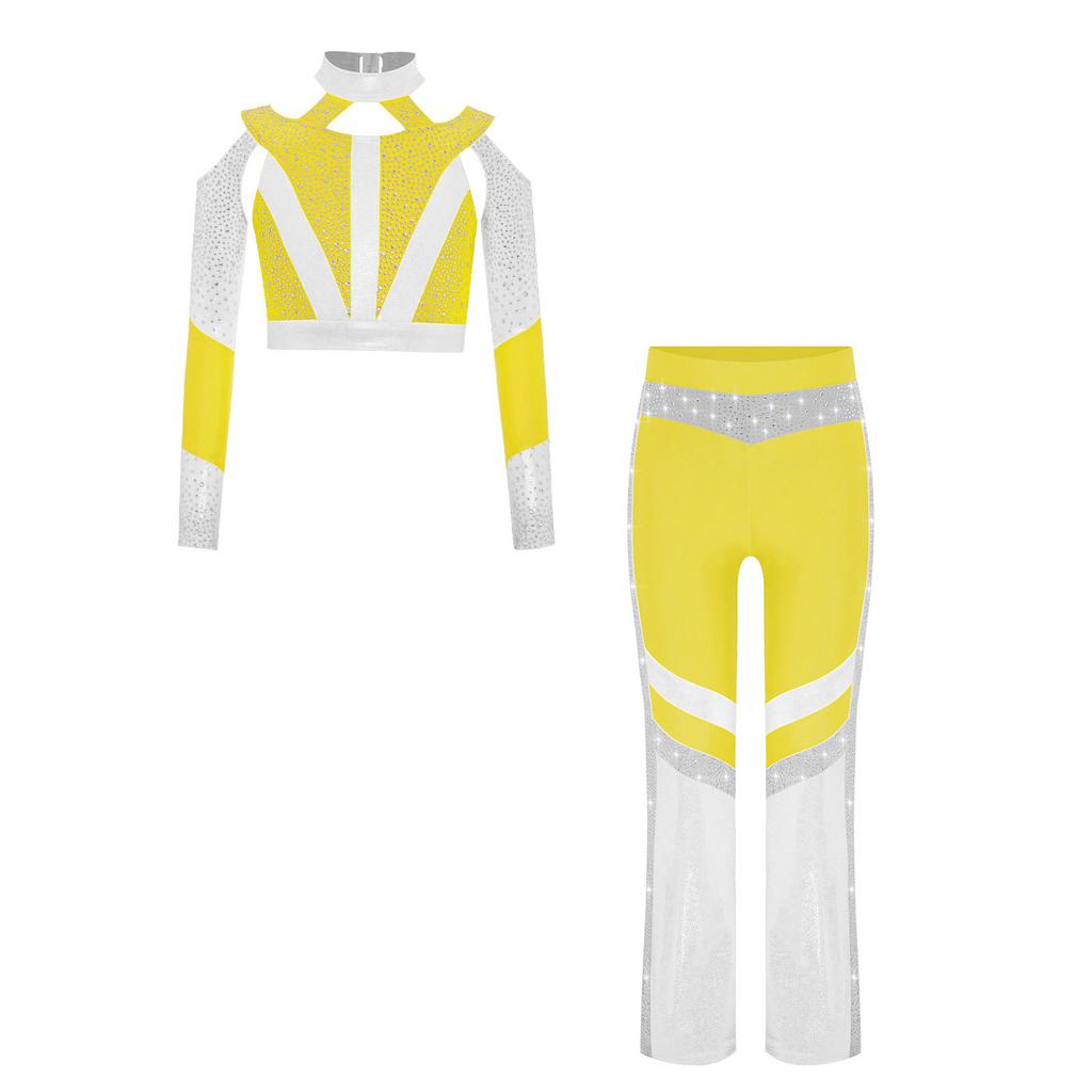Girls Gymnastics Costume Long Sleeve Shiny Top Rhinestone Color Block Cross Back Flared Pants