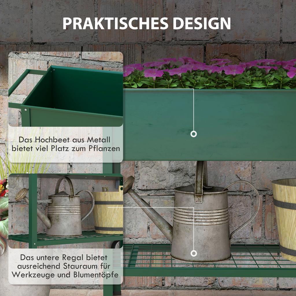 Raised Garden Bed Planter Box, 1 Shelf, 2 Wheels, 109 cm x 44 cm x 80 cm, Green