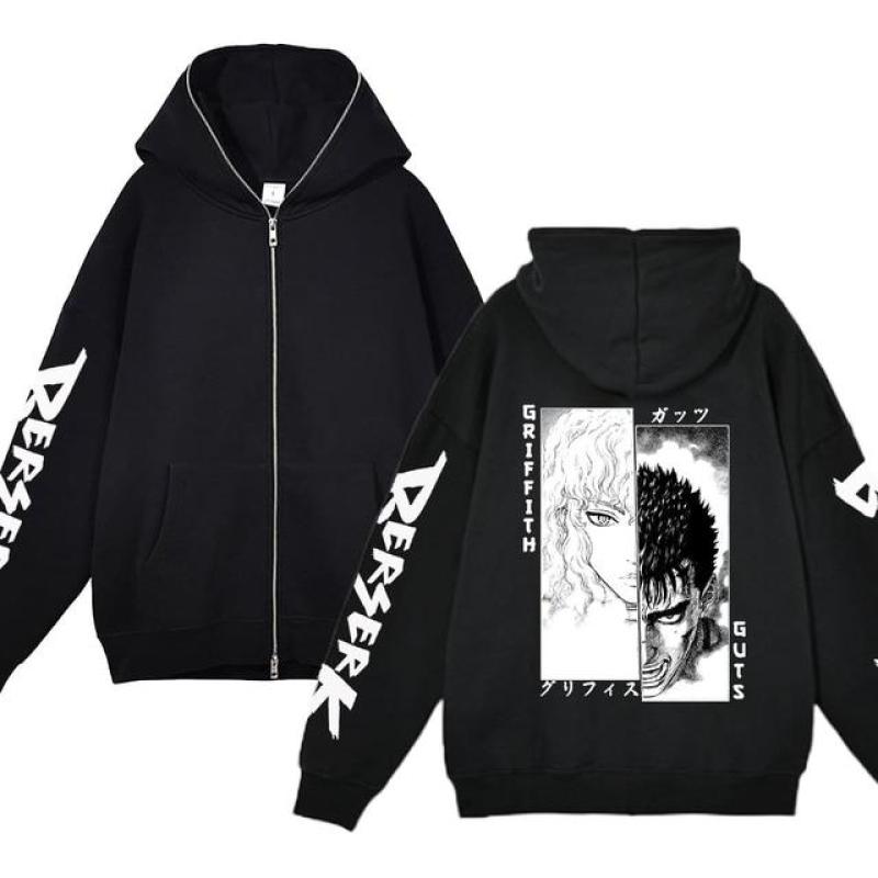 Куртки с капюшоном Berserk, толстовки с капюшоном на молнии в стиле аниме, повседневная флисовая толстовка большого размера, свободная уличная одежда в стиле хип-хоп, куртка на молнии, пальто