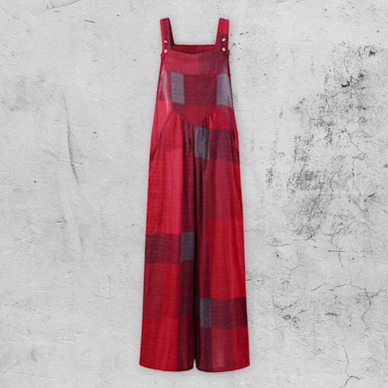 Sleeveless Square Collar Jumpsuit Pockets Wide Leg Ankle Length Retro Plaid Pattern Suspender Playsuit Streetwear