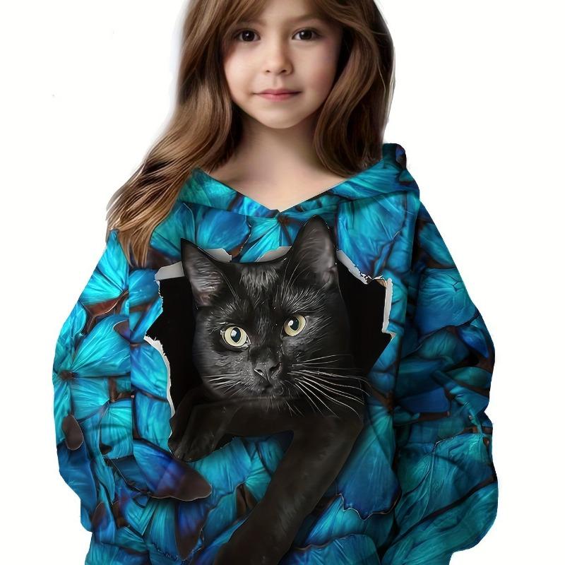 Детская одежда Толстовки с капюшоном с длинным рукавом с принтом мультяшного кота Осенняя детская одежда для девочек Kawaii Girl Top Outdoor Kids Girl Clothing
