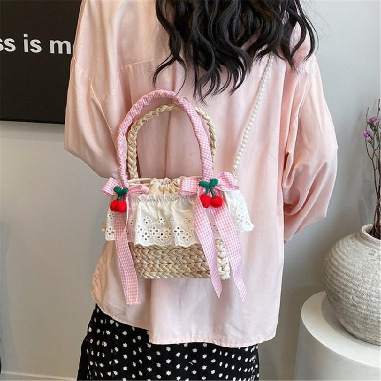 Cute Bowknot Woven Straw Handbag Beach Ruffle Lace Pearl Chain Crossbody Bag