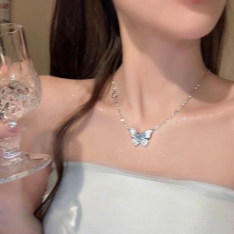 Korean crushed ice blue butterfly necklace accessories sense light luxury niche collarbone chain neck chain choker pendant