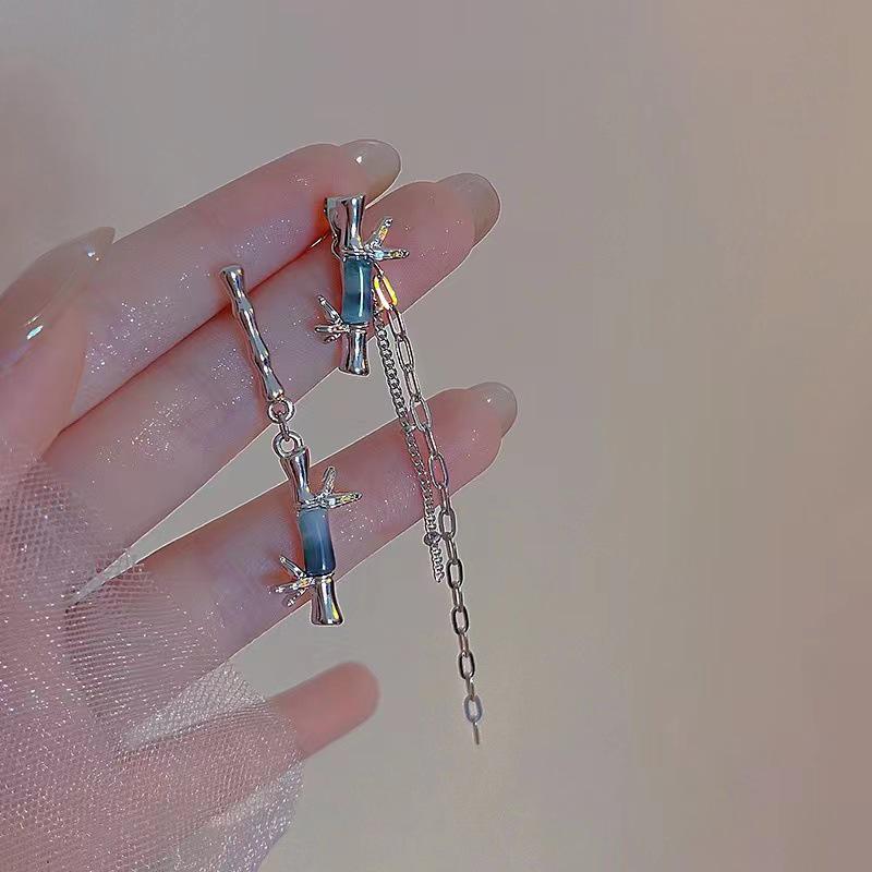 Асимметричные серьги из стерлингового серебра S925 с бамбуком - Элегантный дизайн в стиле акварели для универсального стиля