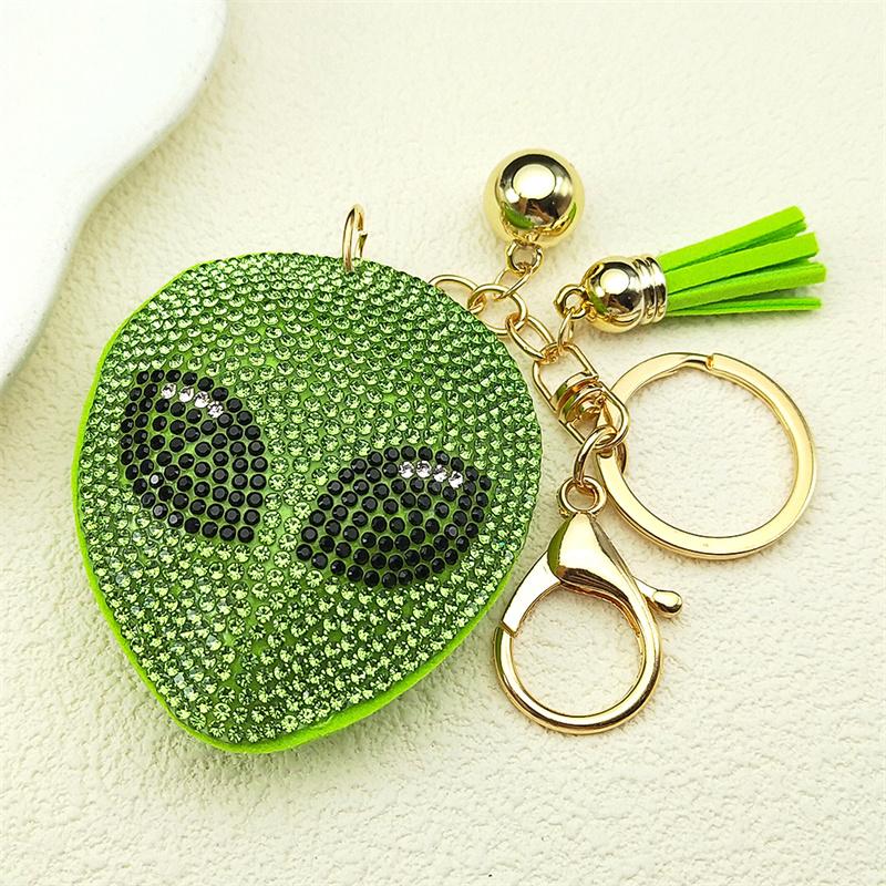 Alien Head Crystal Keychain for Women Men Green Tassel Gold Color Keyring Holder Car Bag Accessories Decorations Jewelry 8731