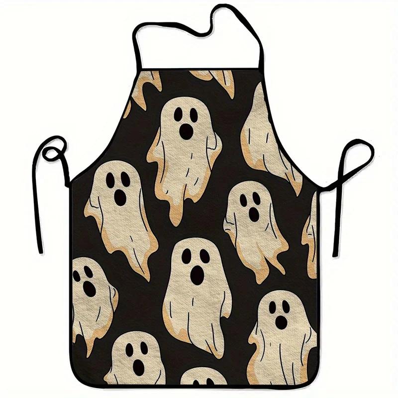 1pc Day of the Dead Printed Apron - Durable Polyester, Washable Reusable Black with White Ghost Design, Perfect for Cooking