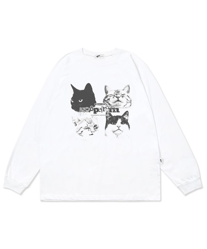 ESCAPEFROM Mono Natty Cats Print Long Sleeve White