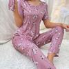Women's Home Wear Short Sleeve Trousers Pajamas Love Pattern Casual and Comfortable