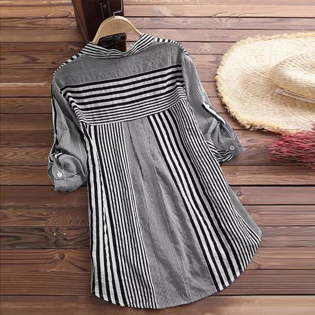 Plus Size Womens Three Quarter Striped Print V-Neck Loose Fit Top T-Shirt Blouse