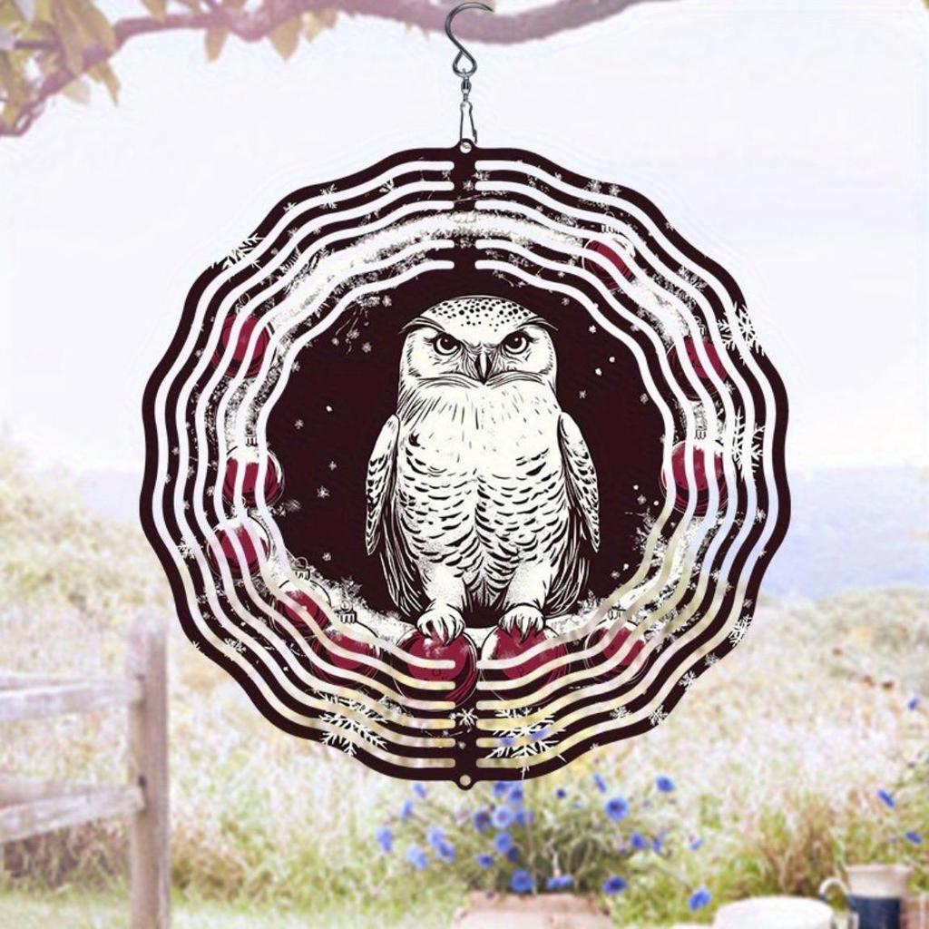 Christmas Owl Wind Spinner 3D Metal Hanging Ornament for Indoor Outdoor Garden Decor Holiday Yard Art Easy Install No Power Needed