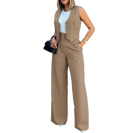 Women Wide Leg Pants with Sleeveless Vest Solid Color High Waist Elegant Lady Baggy Pants Set Casual Streetwear