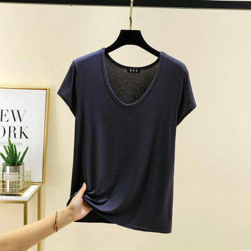 Летняя однотонная базовая футболка с U-образным вырезом для женщин с коротким рукавом свободного кроя из модала