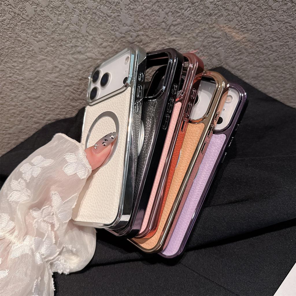 For iPhone 17 Pro Magnetic Case Electroplating Litchi Texture PU TPU PC Phone Back Cover