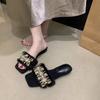 Low Heel Flip Flops Summer New Square Toe Open Toe Plush Crystal Buckle Soft Sole Non-slip Wear-resistant Slippers