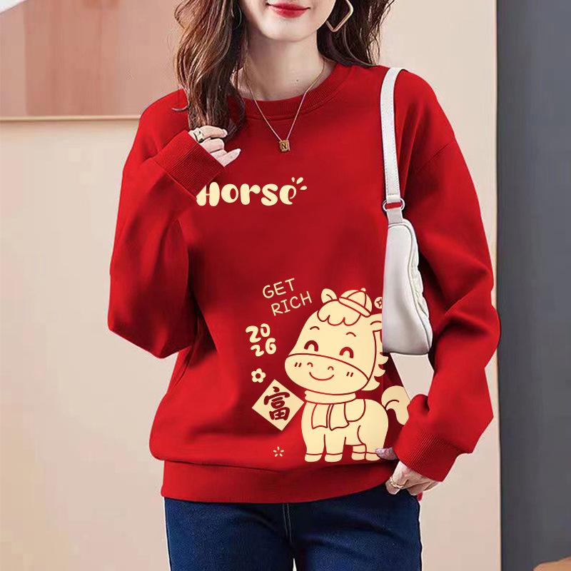 2026 Red Round Neck  Lined Sweatshirt Women's New Year Print Top Spring Autumn Fashion Comfortable Breathable  Hoodie