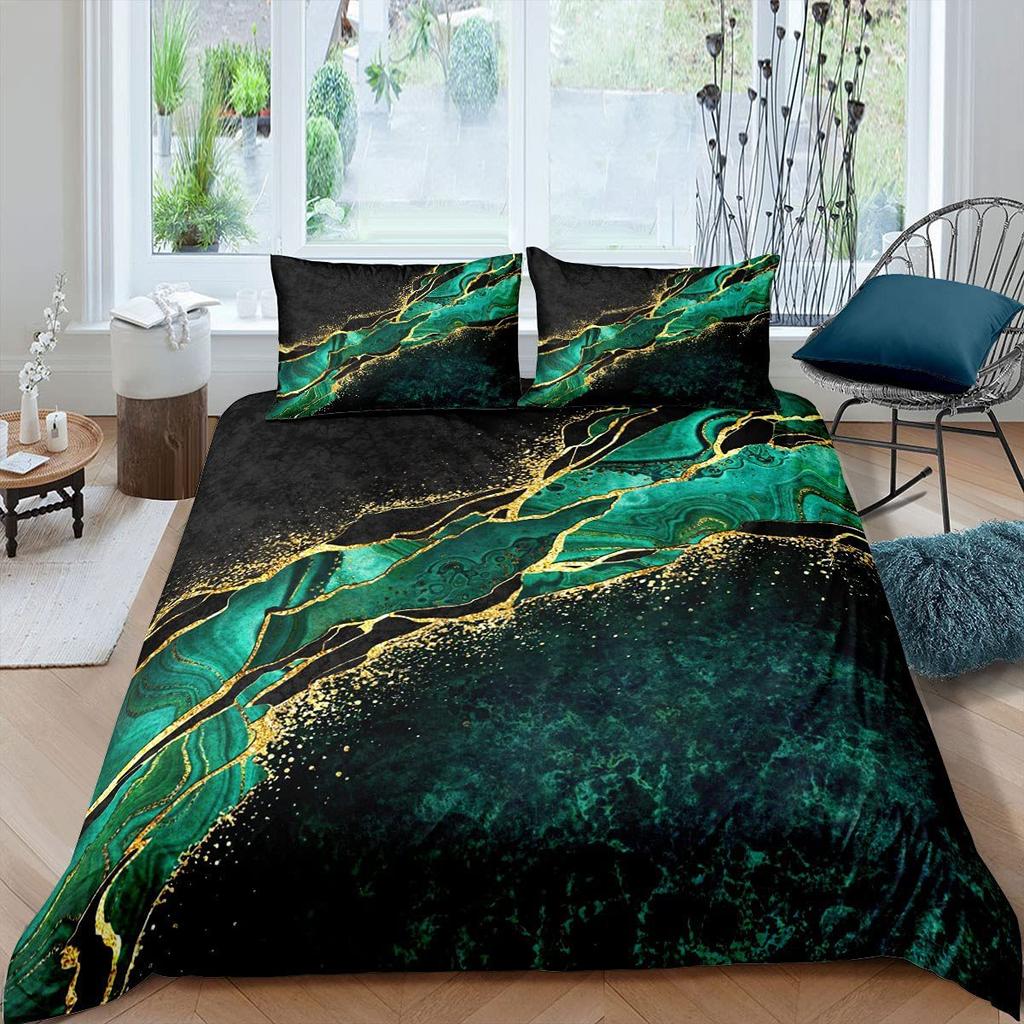 Black and green marble bedding digital printing three-piece set Nordic luxury design home textiles