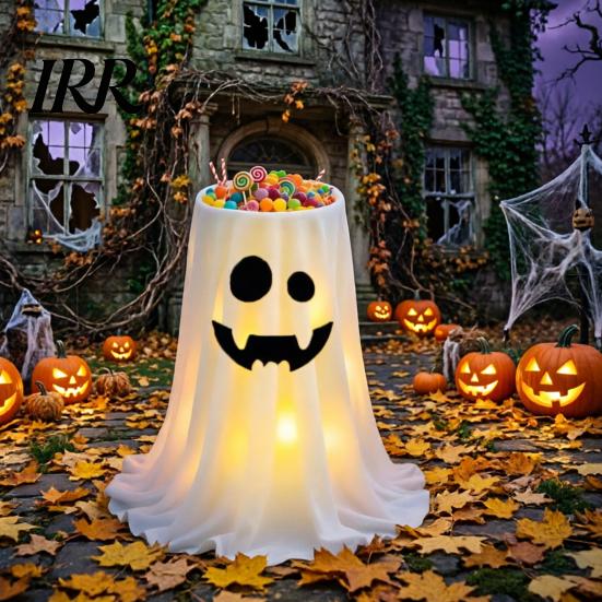 Trick or Treat Candy Table Halloween Decoration with 8-Mode Remote Control LED Light, Ghost Bowl Holiday Storage Tripod Stand, Cute Holder