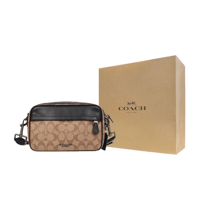 Coach Graham 23 Металлический Логотип Иконичный Кулон Color Block Кожаная Сумка для Камеры Мужская Наплечная Сумка Черный Хаки Коричневый 50715-QBTN2