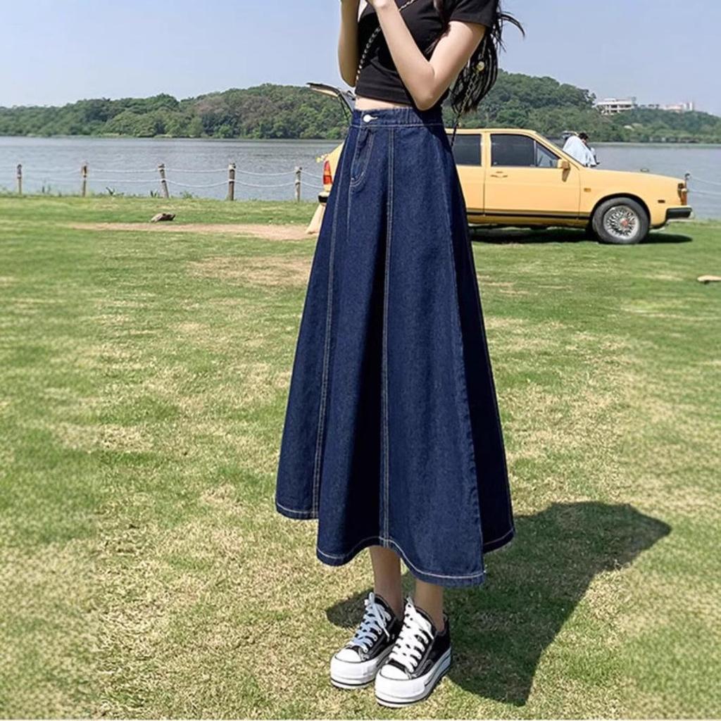 2025 Women's High Waist Slimming Midi Denim A-Line Skirt for Spring/Summer