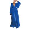 Women Evening Dress Deep V Neck Pleated Long Sleeves Solid Color High Waist Vacation Beach Party Maxi Dress