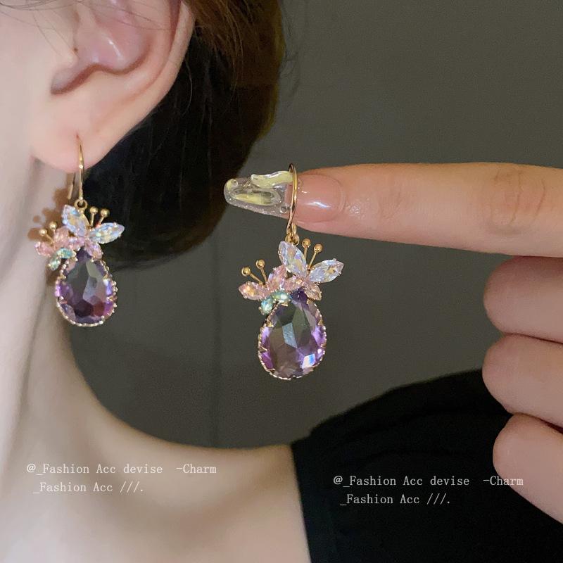 Korean fashion zircon butterfly water drop ear hook light luxury niche earrings earrings temperament high-end earrings women