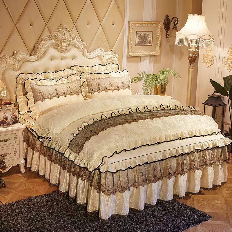 King Size/Queen Size/Twin Size Lace Bed Skirt Quilt Cover Pillowcase Four-piece Set Thickening Warm Bedroom Simple Bedding High Quality Autumn Winter