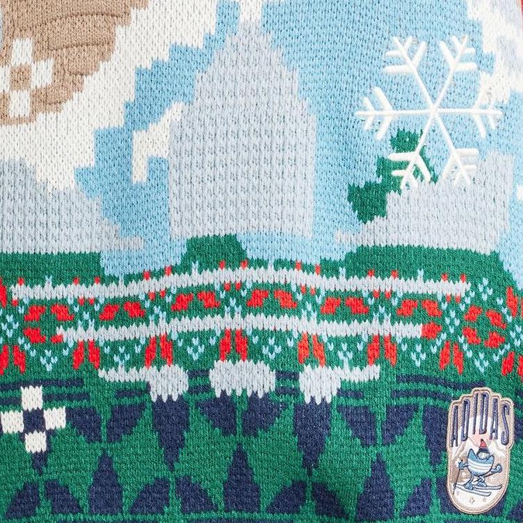 Adidas Оригинальный праздничный узор с принтом, свободный вязаный свитер с круглым вырезом и длинными рукавами, женские топы, розовый, коричневый IT1740