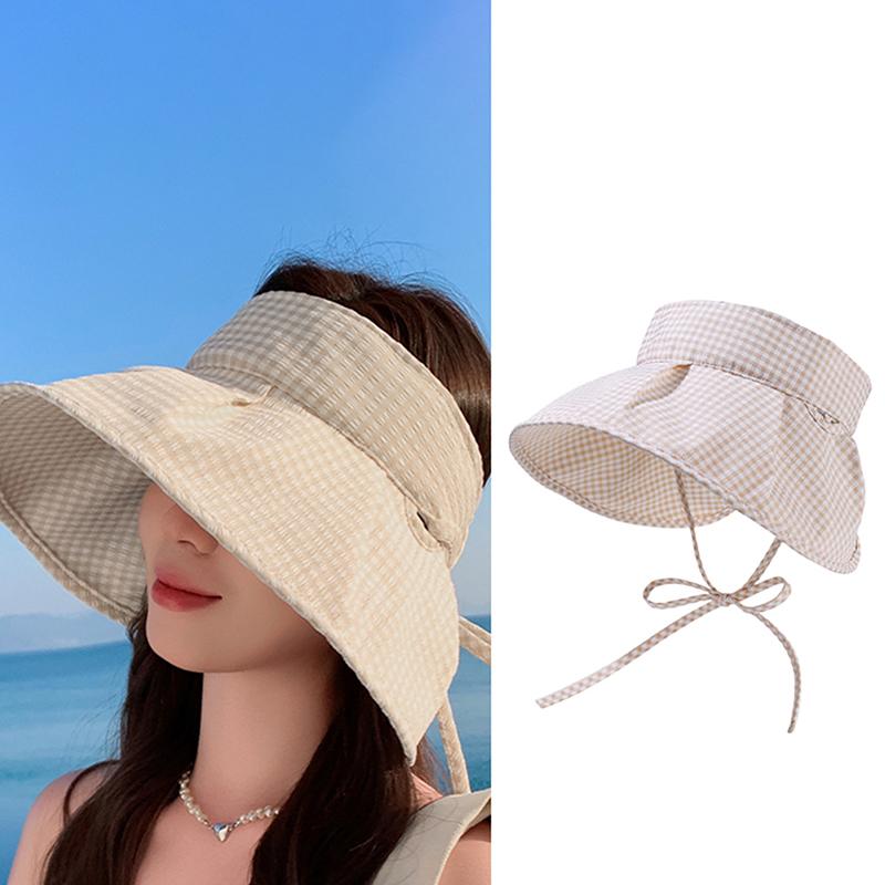 Летняя клетчатая шляпа от солнца, складная, с широкими полями, с пустым верхом, пляжная шляпа, дышащая, с защитой от ультрафиолета, для женщин, солнцезащитный козырек