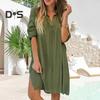 Lady Beach Shirt Dress with Cufflinks Thin Loose Side Slit Midi Dress Turn-down Collar Long Sleeve Dress for Vacation Daily Wear